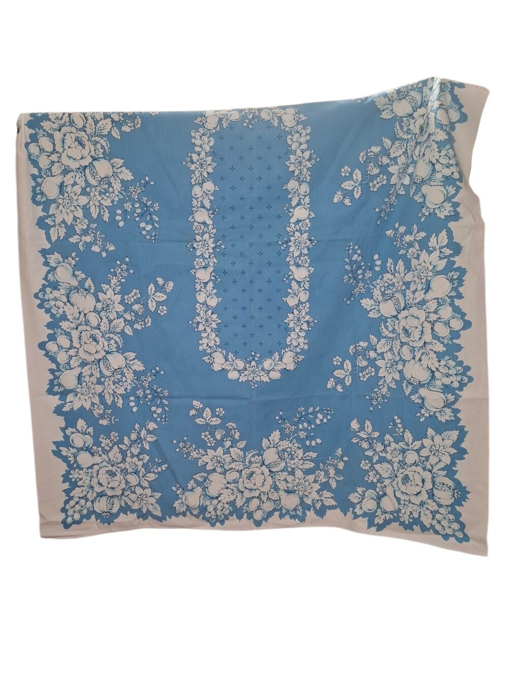 Vintage Luther Travis Blue White Linen Tablecloth Rectangle